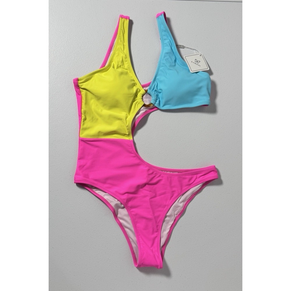 Kamoni‎ One Piece Swimsuit Colorblock Cutout Neon Dopamine Swimwear L NWT